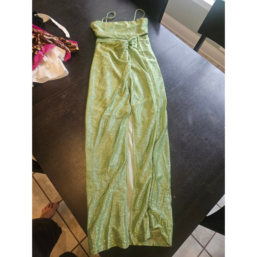 12th Tribe Green Metallic Maxi Dress Spaghetti Strap Front Slit Shimmer S